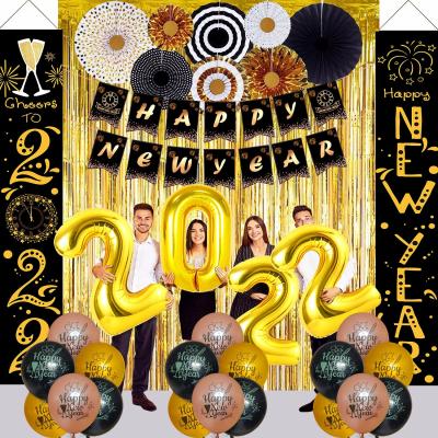 China Quality Card Happy New Year Party Item Supplies Include Happy New Year Porch Sign Black And Gold Paper Fans 2022 Foil Balloon Banner Foil Curtain for sale