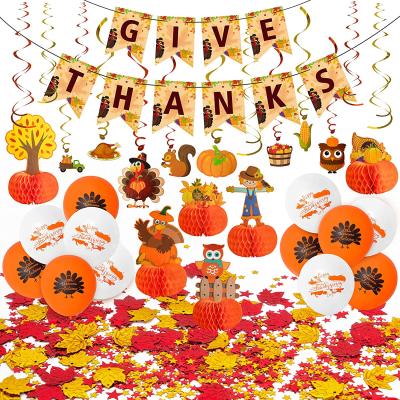 China Fun 34 Piece Set Autumn Decorations Party Thanksgiving GIVE THANKS Banner Autumn Theme Hanging Swirls Honeycomb Paper for sale