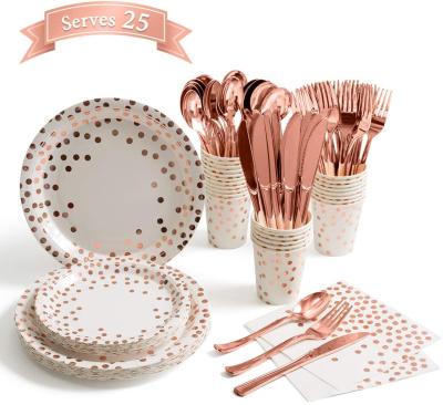 China Disposable Tableware Paper Plates and Fun Towels for Wedding Bridal Shower Rose Gold Party Supplies for sale