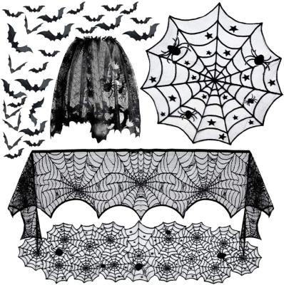 China 5pack Fun Halloween Decorations Tablecloth Runner Black Lace Round Spider Cobweb Table Cover for sale