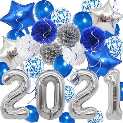 China 2021 Graduation Decorations Grade Card Paper Silver and Blue Set of 40 Inch Blue Silver Paper Pompoms 2021 Balloons Confetti Balloons for sale