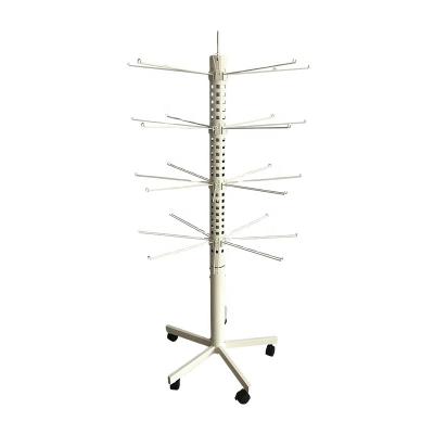 China Eco-Friendly Customized Floor Standing Spinned Metal Wire Wig Spinning Hair Products Display Rack With Casters And Adjustable Hooks Stand for sale