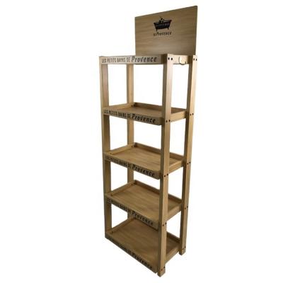 China 5 Tiers Supermarket Outlets Eco-friendly Material Wooden Floor Standing Makeup Display Stand Cosmetic Rack for sale