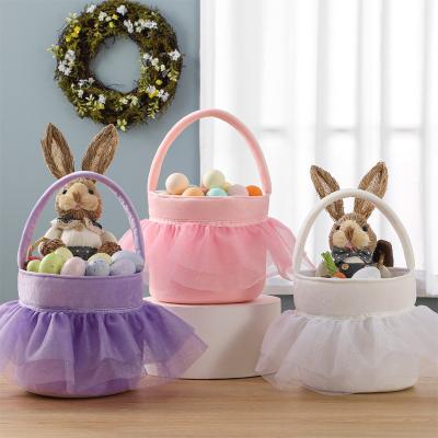 China Beautiful Soft Tulle Easter Egg Bucket Soft Short Plush Tutu Easter Baskets Gift Bag Purple for sale