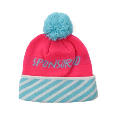 China JOINT Women Men's Free Sample Jacquard Knitted Acrylic Pompom Woven Beanie Hat for sale