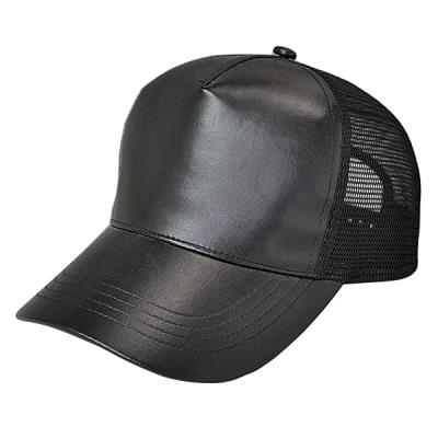 China JOINT Luxury Simple Empty Curved Black Half Brim Baseball Cap Leather Mesh Trucker Hat for sale