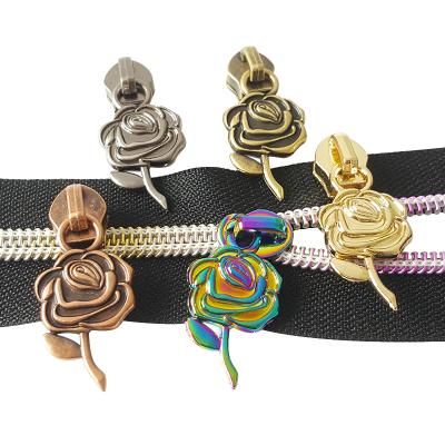 China Other Fashion Customize Zipper Slider Head And Puller Rose Flower Zip Slider Puller Metal For Handbags for sale