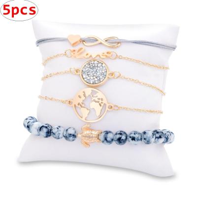 China Casual/Sporty Bracelets Jewelry Sets Love Letter World Map Turtle 5pcs/Set Bracelet For Women Jewelry Bracelets for sale