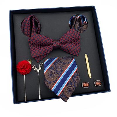 China New Business Fashion Tie For Men's Bowtie Designer Hanky ​​Cufflinks Lapel Pin Tie Clips Set In Interesting Gift Box Packing Men's Silk Ties Box Set for sale