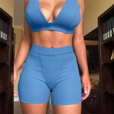 China QUICK DRY Ribbed Bra With Biker Shorts Set Tracksuit Fitness Equipment Skinny Women Casual Two Piece Set for sale