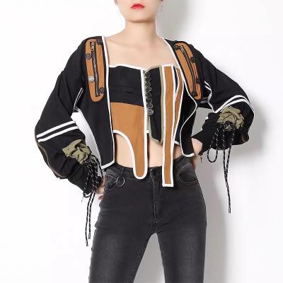 China QUICK DRY Casual Patchwork Hit Color Jacket Women Square Collar Irregular Lantern Long Sleeve Lace Up Coats for sale