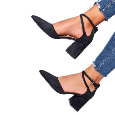 China Damping thick heel dew female heels black cross button women's high heels new summer gorgeous high-pitched dream for sale