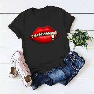 China Anti-pilling Europe and the United States fashion T-shirt casual short-sleeved lips color paint large size women's round neck waist top for sale