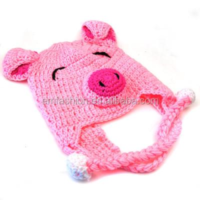 China Pink JOINT Cute Pig Fashion Animal Shape Kids Acrylic Knit Earflap Crochet Baby Hat for sale