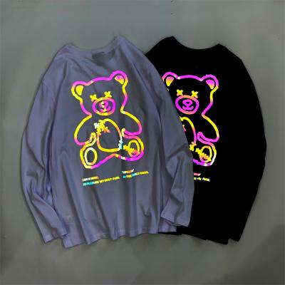 China Anti-wrinkle Hip Hop laser sleeve T-shirt colorful reflective couple along loose tops men's bear printing T-shirt for sale