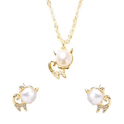 China TRENDY WeSparking EMO 14K Gold Plated Cat Pendant Necklace And Stud Earrings Set With Zircon Pearl Jewelry Set For Women for sale