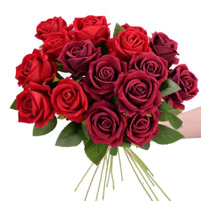 China Wedding Celebration Artificial Flowers Single Head Red Rose Artificial Silk Rose Bouquet Flower Bundle For Wedding Decoration for sale