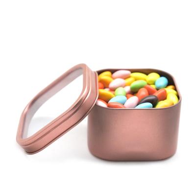 China 12OZ Rose Gold Square Window Slip Cookie Box Tin Can Lid for Cookie Box for sale