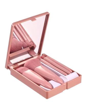 China 2023 Style Custom Logo Simple Professional Pink Facial Make Up Brush Set Portable 5 Pcs Travel Makeup Brush Set With Mirror Box for sale