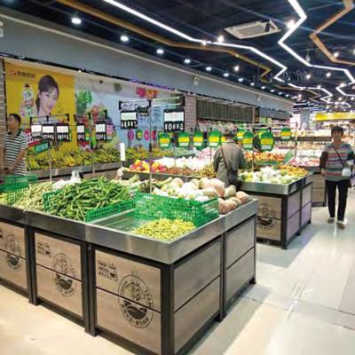 China 7ft Höhen-Frucht-Ausstellungsstände, TGL-Stahlgemüsegestell für die Kapazität des Supermarkt-30Kgs zu verkaufen