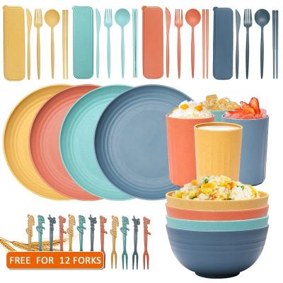 China Disposable Wheat Straw Bowl Cup and Dish Portable 32 Piece Microwave Oven Dinnerware Set Knife Fork Spoon Chopsticks for sale