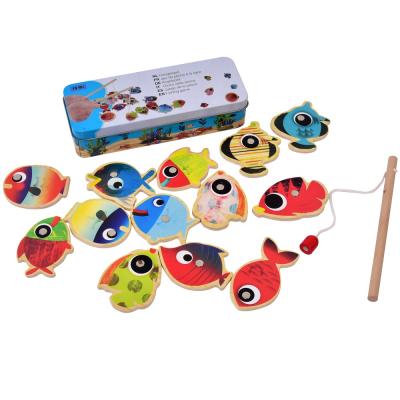 China Hot Selling Cartoon Wooden Game Educational Fishing Toys in Iron Box for Children for sale