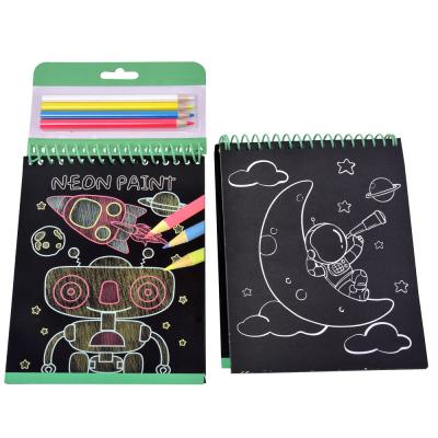 China Safety Education Magical Space Themed Black Bottom Doodle Book Set With 4 Color Pencil for sale