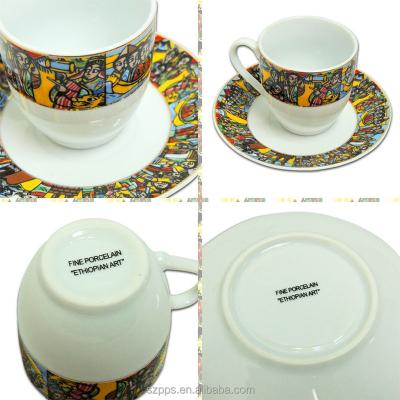 China ETHIOPIAN ART 12PC PORCELAIN COFFEE SET GOLD CERAMIC FINE TRIM TRIMS SUSTAINABLE for sale