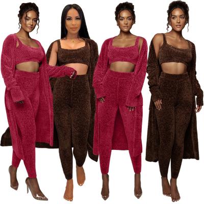 China 2022 New Design QUICK DRY Solid Crop Top And Long Knitted Cardigan Suit For Women Knitted Sweater 3 Piece Pants Set for sale