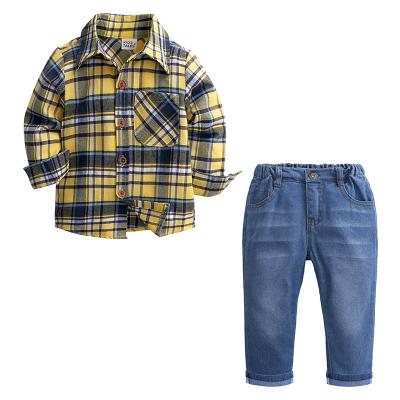 China Spring Autumn Boys Casual Suit Plaid Long Sleeve Checked Shirt Jeans Pants Two Piece Sets for sale