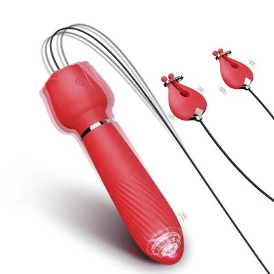 China Nipple Vagina Anal G-spot Stimulation New Design Chest Clips Rose Vibrator For Women 2 in 1 Clitoris Stimulator Stick Dildo Nipple Clamps BDdsm Sex Toys For Couples for sale