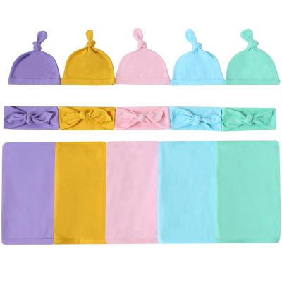 China 2021 Newborn Anti-pilling 95% Cotton, 5%Spandex Tank Top 3 Pcs Set Headband Beanie Hat Baby Swaddle Wrap Covering Set for sale