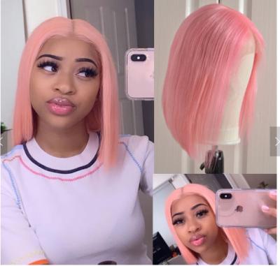 China Young Crazy Straight Bright Pink Colored Lace Front Short Bob Human Hair Wigs for sale