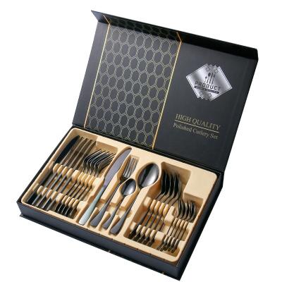 China Chengli 24pcs Stainless Steel Flatware Set Gift Box Silverware Gold Knife Viable High Quality Black Fork Spoon Cutlery Set With Case for sale