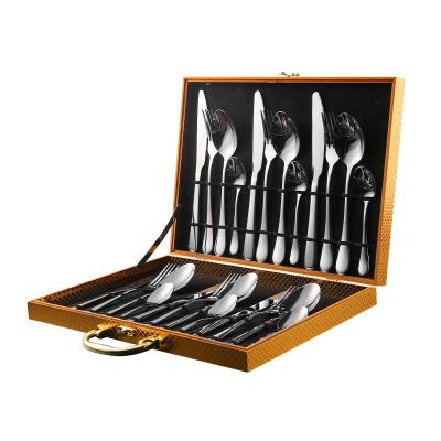 China Chengli 24pcs Stainless Steel Flatware Set Gift Box High Quality Viable Silverware Gold Handle Box Silver Cutlery Set With Case for sale