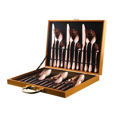 China 24pcs High Quality Viable Rose Gold Stainless Steel Fruit Fork Flatware Set Gift Box Silverware Gold Handle Box Cutlery Set With Case for sale