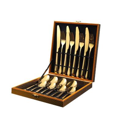 China High Quality Viable Stainless Steel 16pcs Gold Flatware Set Gift Box Silverware Gold Handle Box Spoons And Forks Cutlery Set With Case for sale