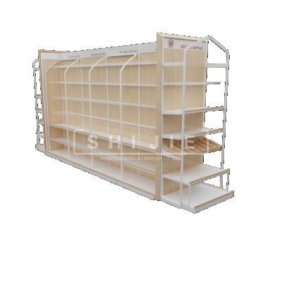 China Double-sided single side display gondola metal shelving rack SHIJIE supermarket wooden shelf for sale