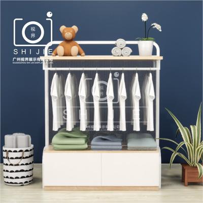 China Grocery /snack store/supermarket/retail store/pharmacy SHIJIE clothes wholesale custom made simple wooden clothing display rack children clothing shelves display racks design for sale