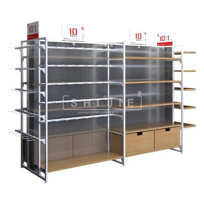 China Supermarket double-sided equipment wooden shelf store display racks retail gondola shelving MINISO store furniture for sale