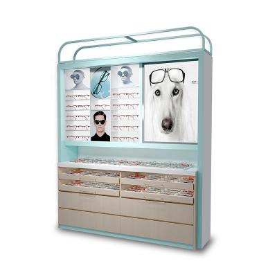 China Store/Supermarket/Retail/Pharmacy Eyewear Grocery /Snack Cabinet Showcase MDF Wood Wall Mount Led Single Optical Shop Display Stand for sale