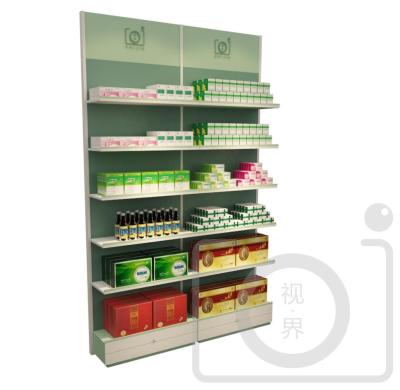 China SHIJIE Single Sided Wooden Pharmacy Shelves Single Side Medicine Display Stand Pharmacy Display Rack for sale