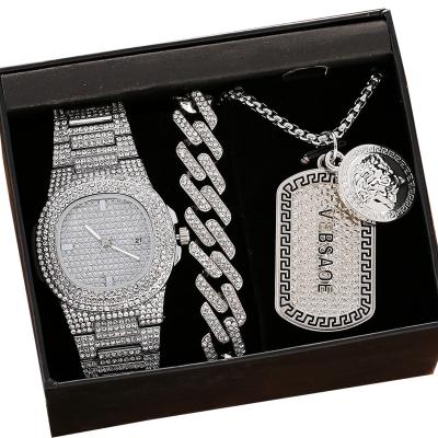 China Good Auto Date Rhinestone Pendant Plated Chain Bracelet Crystal Watch Bracelet Set 3pcs/set Name Cuban Auto Date Crystal Watch Sets Silver Full Coin for sale