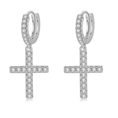 China Fashion Trendy Men's ling large rhinestone cross earrings long crossed circle diamond crosss earring for sale