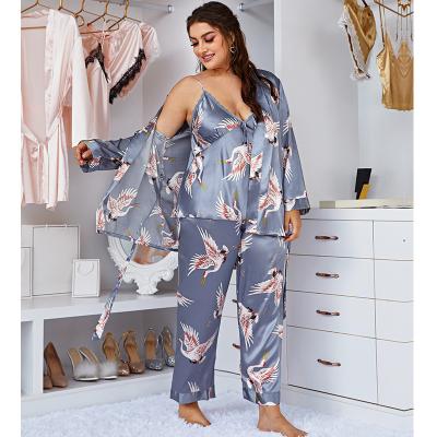 China Dropshipping Autumn Silk Pajamas Sling Tops Plus Size New Arrivals Long Robe Three Piece Homewear Plus Size Sleepwear for sale