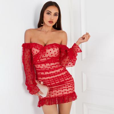 China Crazy Breathable Double Off The Shoulder Women Dresses Red Ruffle Edge Dot Party Dresses for sale