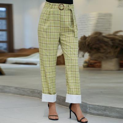 China Weixin Dropshipping Breathable Crazy Double Women High Waist Belted Tartan Pants for sale