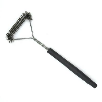 China Easily Cleaned Soft Comfortable Accessories Long Handle BBQ Tool Steel Wire Brush Triple Grill BBQ Cleaning Brush Non-Stick for sale