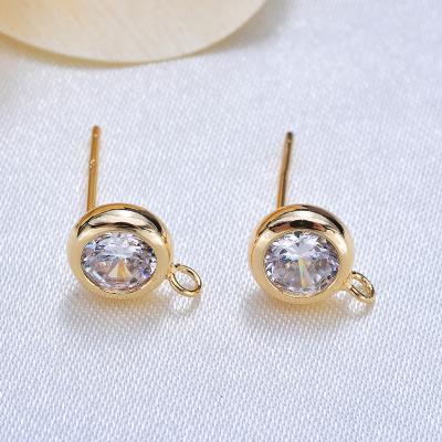 China Anti-allergy Sterling Silver 14k Gold 7mm CZ Diamond DIY Jewelry Stud Earrings Round Ear Studs Accessories 14Kh006 for sale