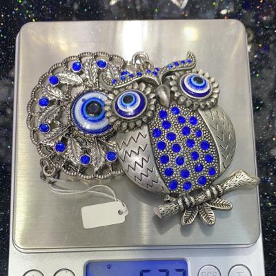 China Minimalist Alloy Owl Wall Hanging Deco Blue Devil's Eye Faux Stone for sale